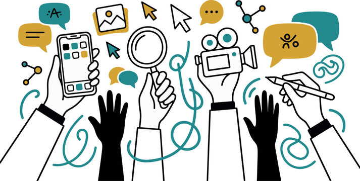 Creative digital marketing social media content creation and online communication icons with hands holding smartphone camera pen vector illustration