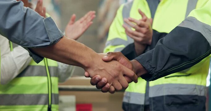 Applause, congratulations and handshake with people in warehouse together for bonus or promotion. Agreement, clapping and deal with courier team shaking hands in factory or plant for delivery success