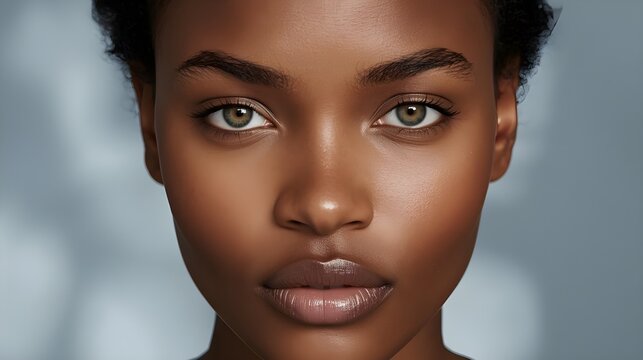 Gen Z woman with unique skin pigmentation and different eye colors looks calm in modern skincare ad