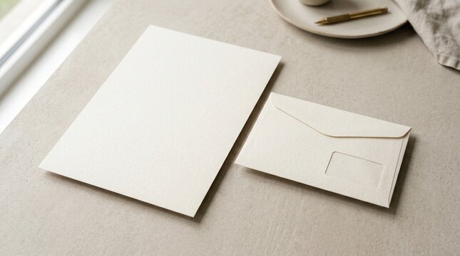 Cream letterhead and envelope mockup with window on textured surface