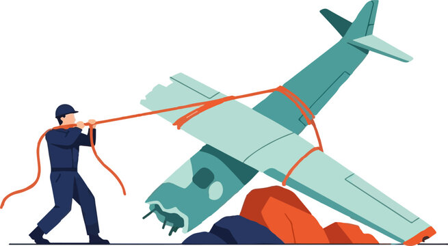 Person struggling to pull a tied down airplane.