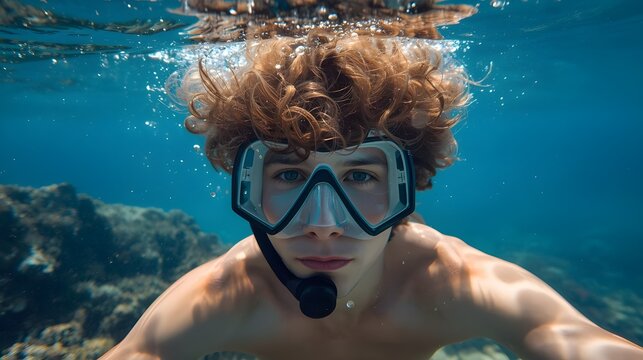Young person with curly hair wears snorkeling mask underwater in tropical water with coral reef