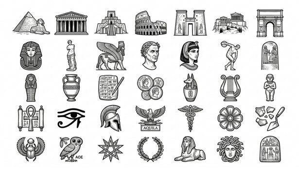 Ancient civilization hand drawn line icon set with historical landmarks rulers mythology symbols and archaeological elements vector illustration pack