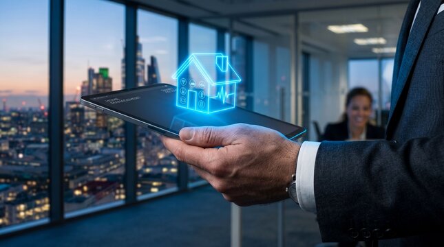 Businessman holding tablet with smart home hologram in office for real estate automation technology, IoT residential security system, and property management advertising.