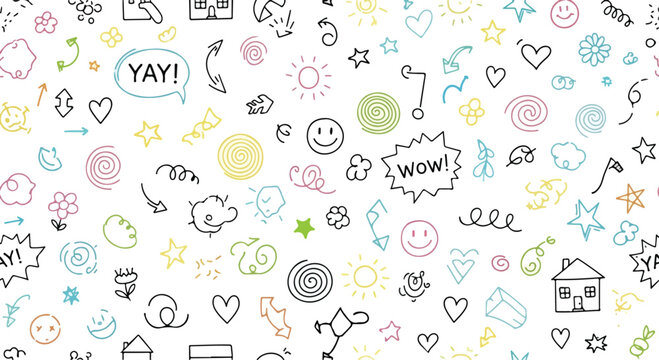 Hand drawn doodle seamless pattern, colorful sketch background with hearts and stars, playful child drawing vector texture for wallpaper