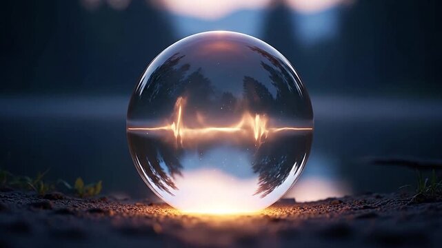 a crystal ball on the ground reflecting light.