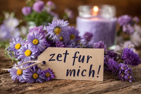Zet fur mich tag with purple flowers and glowing candle in glass jar for wellness and relaxation self care relaxation wellness lifestyle mindfulness background serenity meditation decoration