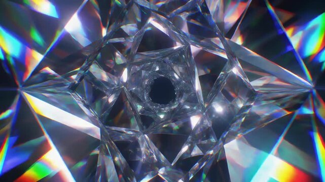 Crystal formation glows brightly in dark environment with light beams around it.