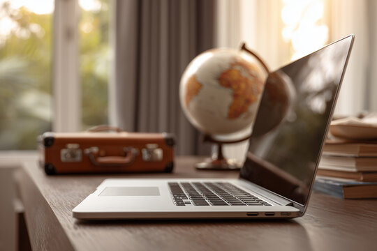 Open Laptop on Desk with Globe and Vintage Suitcase