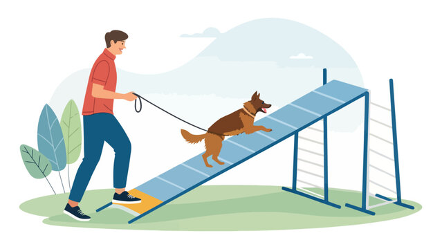 Man guiding dog up agility ramp in outdoor training session with training obstacle competition obedience exercise practice performance domestic lifestyle teaching coaching cooperation
