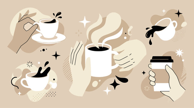 Hands holding hot coffee mugs espresso cups and spilling drinks in a warm minimal aesthetic flat line art style vector illustration