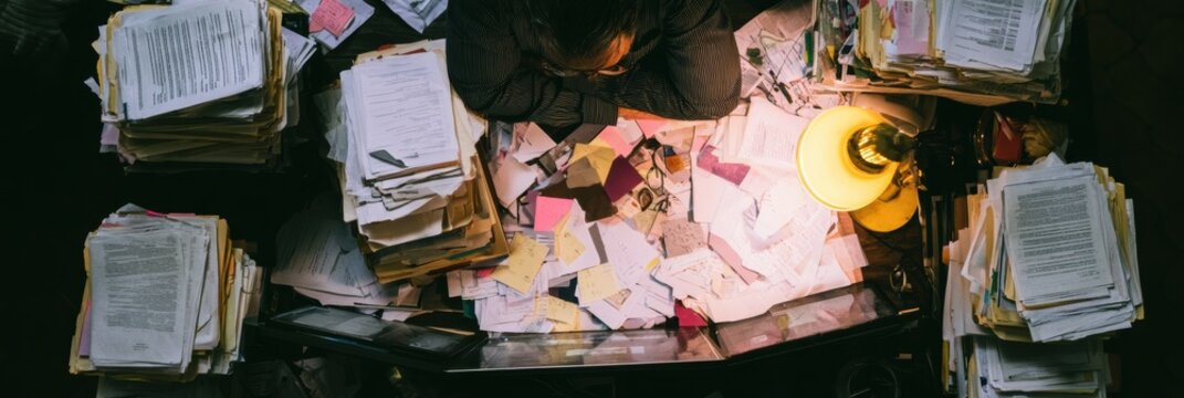 Employee struggles with burnout while working at a cluttered desk filled with documents, notes, and multiple screens in dim light.