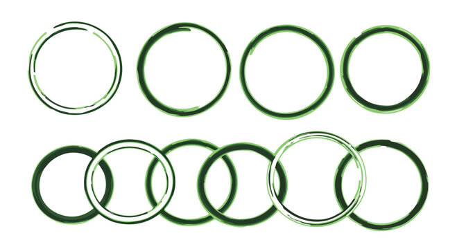 Hand drawn green circle frames, set of 10 organic brush stroke round borders, sketch style circular rings for highlighting text and design elements