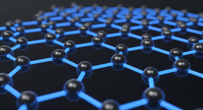 Futuristic quantum physics asset displaying a dense grid of interconnected carbon atoms on black