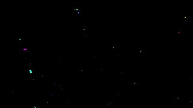 A clean motion graphics animation of multi-colored confetti particles falling slowly and drifting against a solid black background. Ideal for celebratory video overlays, birthday parties, festive intr