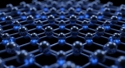 Fototapeta premium Abstract 3D model of a hexagonal carbon atom lattice representing graphene structure with glowing connections