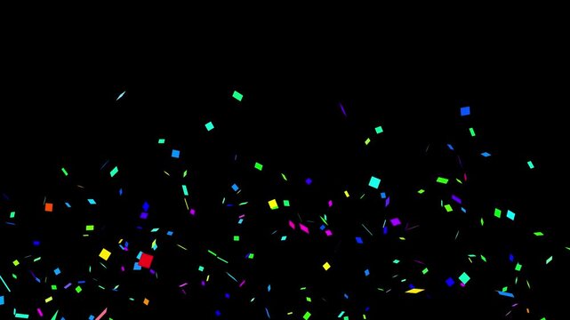 A vibrant motion graphics animation of multi-colored confetti pieces falling down and fading out against a solid black background. Perfect for celebratory video overlays, birthday party intros, festiv