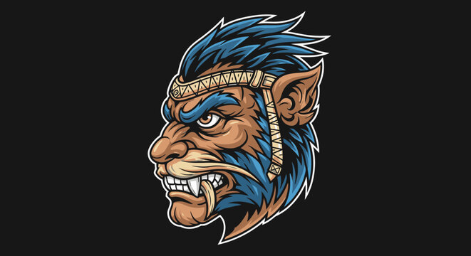 Fierce beast man warrior head with tribal headband.