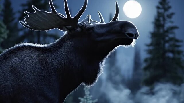 Moonlit moose head silhouette in snowy pine forest, lifted muzzle, icy rim light on antlers, wild shaggy neck mane, bristled chin beard, cold blue night atmosphere and quiet winter wilderness