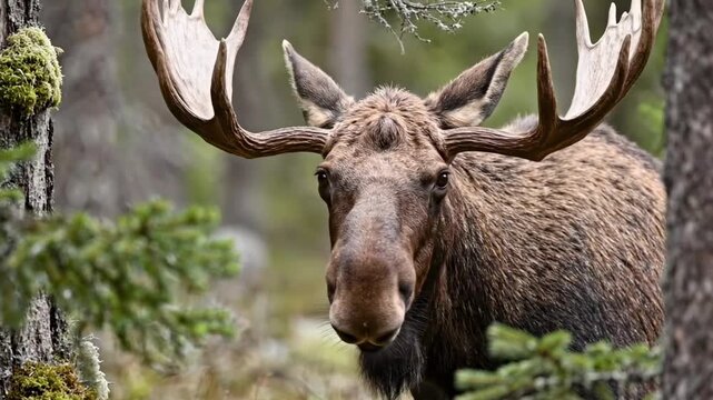 Frontal bull moose head peeking through mossy boreal trunks, wide palm antlers, long rounded muzzle, messy forehead cowlick, fuzzy ear edges, dark chin beard, quiet woodland animal portrait study