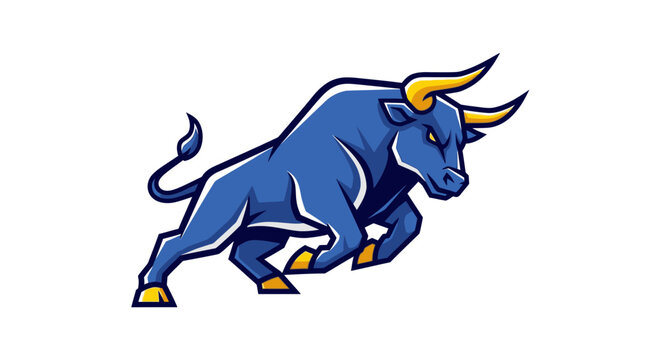 Dynamic charging blue bull mascot for crypto finance.