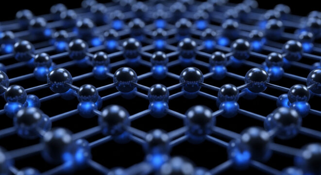 Abstract 3D model of a hexagonal carbon atom lattice representing graphene structure with glowing connections