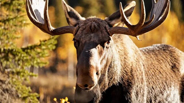 Golden forest bull moose head portrait with massive antlers, broad velvet muzzle, short messy forehead tuft, fuzzy ear fringe, dark throat beard, warm autumn light and natural wilderness backdrop