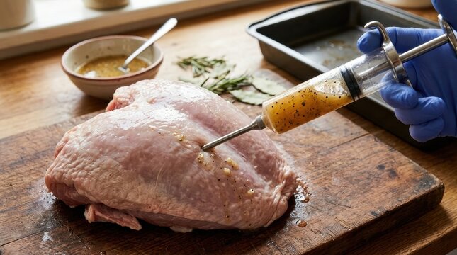 A hand using a meat injector syringe to inject a flavored butter or brine deep into a turkey breast or pork shoulder. The needle pierces the meat, and the marinade is injected.