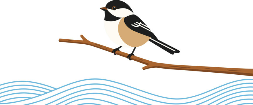 Cute chickadee bird perched on tree branch featuring flat vector cartoon illustration over water waves