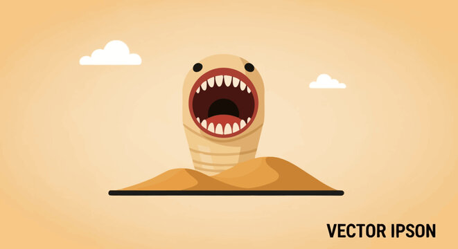 Desert Sandworm Monster Emerging from Dunes, Cartoon Style