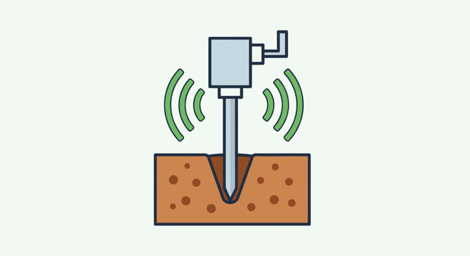 Drilling machine penetrating soil with seismic waves, geological survey icon