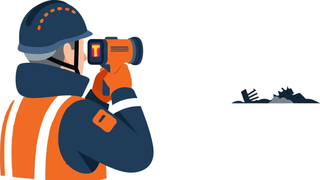 Construction worker using binoculars for site inspection outdoors.
