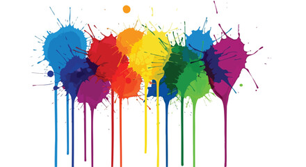 Fototapeta premium Vibrant rainbow paint splatters with dripping liquid effects, colorful ink splash vector illustration, artistic messy paint drips on white background