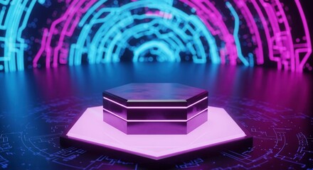 Fototapeta premium Futuristic Neon Tunnel with Hexagonal Stage.