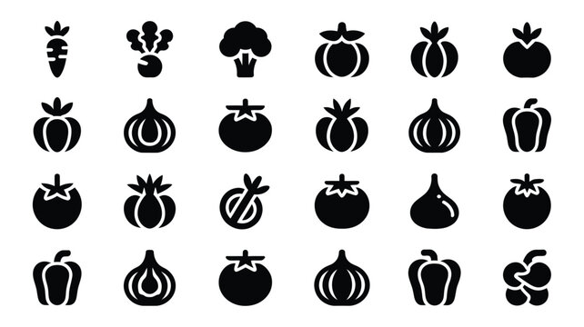 Fresh organic vegetable icons featuring tomatoes broccoli garlic and peppers black vector.