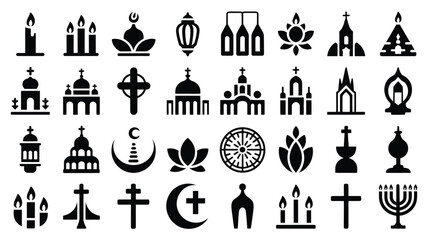 Assorted religious icons including church symbols crosses domes and spiritual prayer items. © Shovon