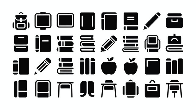 School bag backpack, books, pencil, desk, graduation cap, apple, computer, globe, and calculator icons.