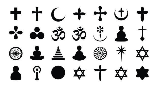Religious symbols flat design set vector illustration for various spiritual beliefs.