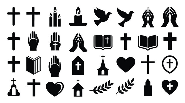 Christian themed icons with crosses praying hands doves and church symbols for faith design.