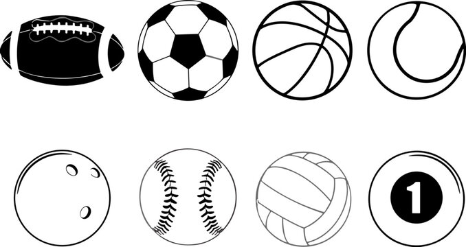  Sports Ball Silhouette Bundle Vector on White Background
