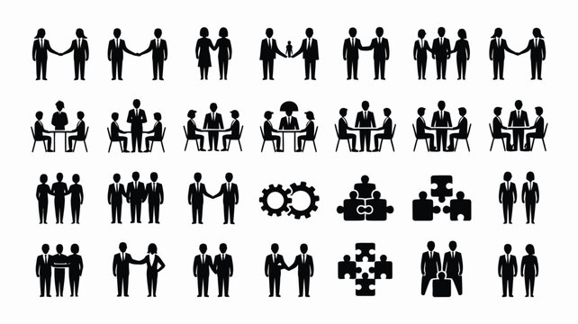Business people networking icons set for corporate communication and professional meetings.