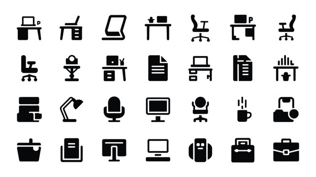 Home office and remote work icons for digital environment setup and comfort, vector art.
