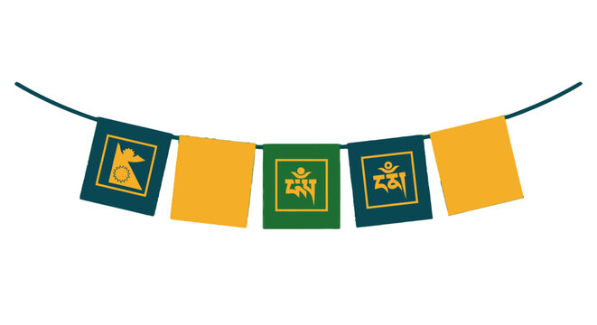 Colorful Decorative Prayer Flags with Sacred Symbols.