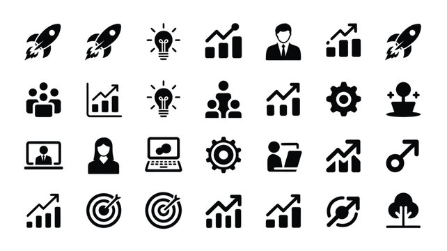 Business and marketing concept icons set showing success, innovation, and collaboration symbols.