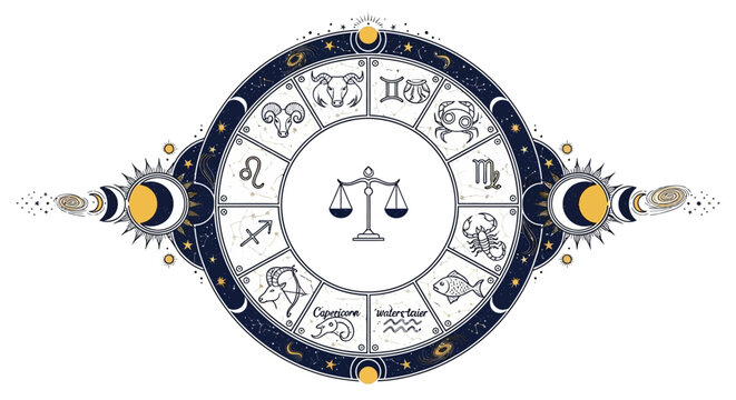 Libra Zodiac Constellation Wheel with Celestial Elements and Moon Phases