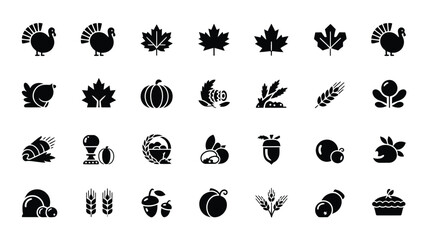 Thanksgiving icon set featuring turkeys pumpkins maple leaves and harvest seasonal symbols. © Shovon