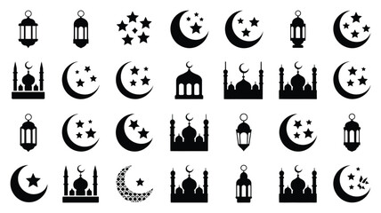 Islamic crescent moon and mosque icon set for ramadan and eid festival design projects now. © Shovon