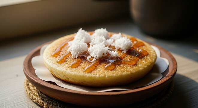 Indonesian Traditional Pancake Serabi with Coconut and Palm Sugar Sauce.
