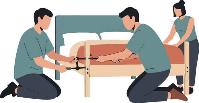 Teamwork assembling wooden bed frame together at home.