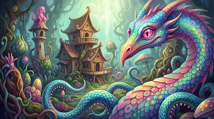 Obraz premium Dragon a Vibrant Fantastical Landscape Featuring a Colorful Creature Amidst Surreal Treehouses and Glowing Flora